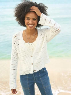 Ajourstrickjacke aus reiner Baumwolle
