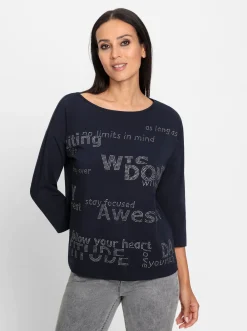 3/4-Arm-Shirt mit Glitzersteinchen-Schriftzug