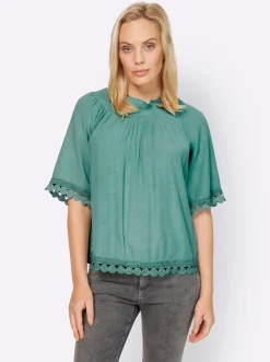 Crinklebluse mit Spitzenbesatz