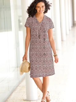 Druckkleid mit asymmetrischer Zierknopfleiste