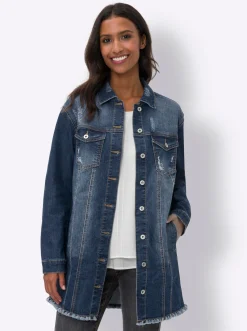 Jeansjacke mit Fransen-Kante, Longform