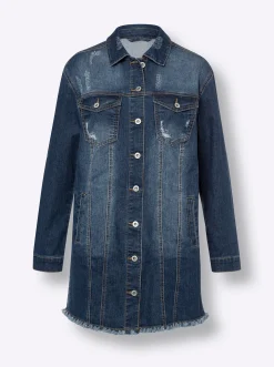 Jeansjacke mit Fransen-Kante, Longform