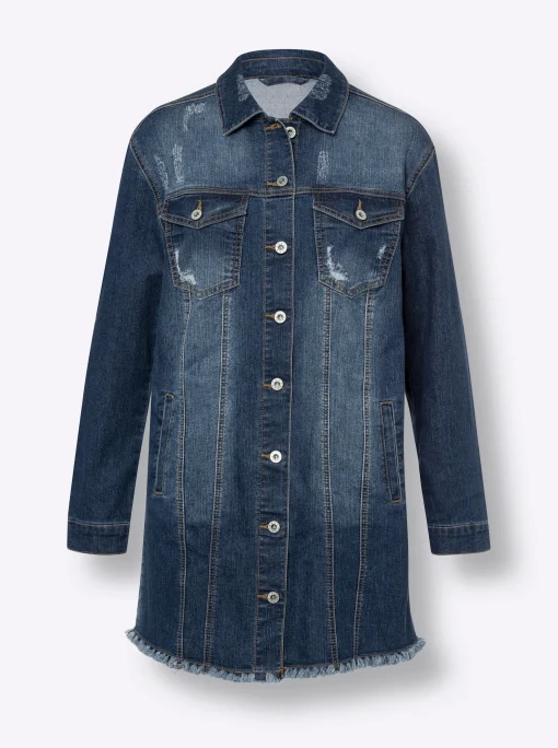 Jeansjacke mit Fransen-Kante, Longform