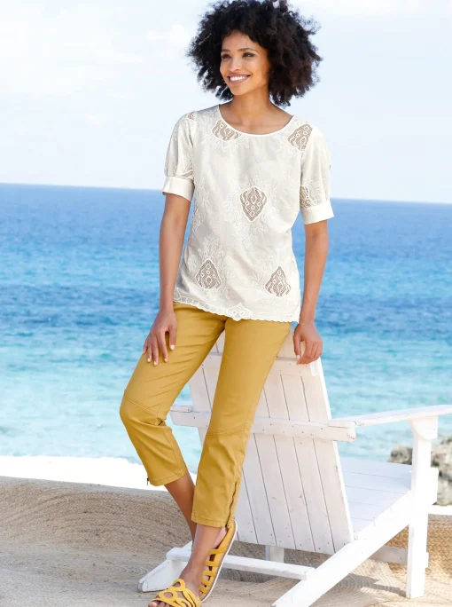 Kurzarm-Bluse mit transparenten Einsätzen