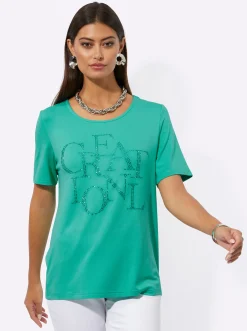 Kurzarmshirt mit Schriftzug aus Glitzersteinchen