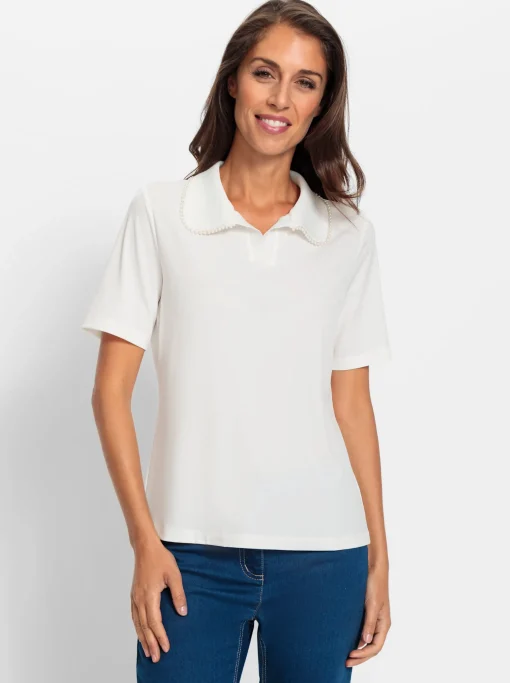 Kurzarmshirt mit Zierperlen am Polokragen