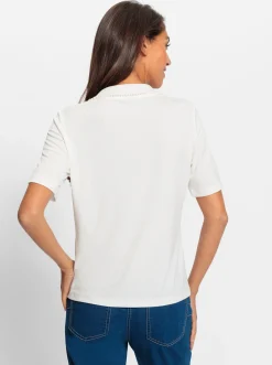 Kurzarmshirt mit Zierperlen am Polokragen