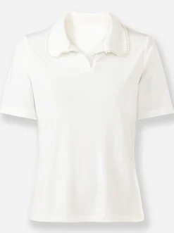 Kurzarmshirt mit Zierperlen am Polokragen