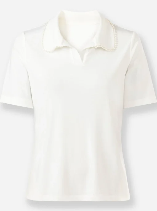Kurzarmshirt mit Zierperlen am Polokragen