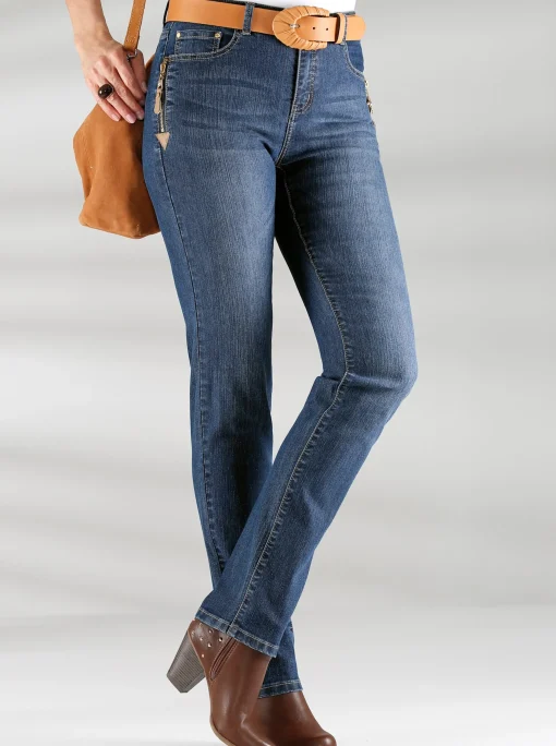 5-Pocket-Jeans mit Reißverschluss und Lederimitat-Anhänger