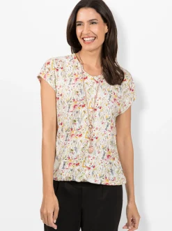Print-Shirt mit kleinem V und Raffung am Ausschnitt