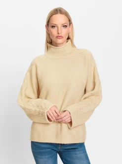 Rollkragenpullover mit Zopfmuster und Rollkanten an den Ärmeln