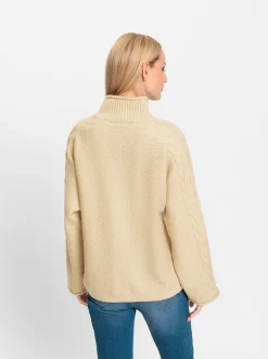 Rollkragenpullover mit Zopfmuster und Rollkanten an den Ärmeln