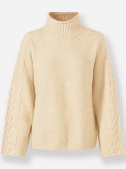 Rollkragenpullover mit Zopfmuster und Rollkanten an den Ärmeln