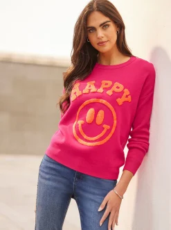 Rundhalspullover in Feinstrick-Qualität, mit Smiley-Schriftzug