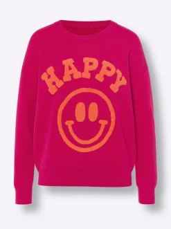 Rundhalspullover in Feinstrick-Qualität, mit Smiley-Schriftzug