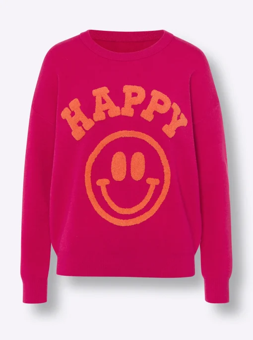 Rundhalspullover in Feinstrick-Qualität, mit Smiley-Schriftzug