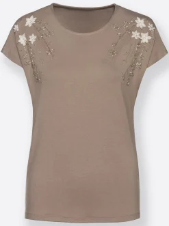 Rundhalsshirt mit Blüten-Applikation und Stickerei