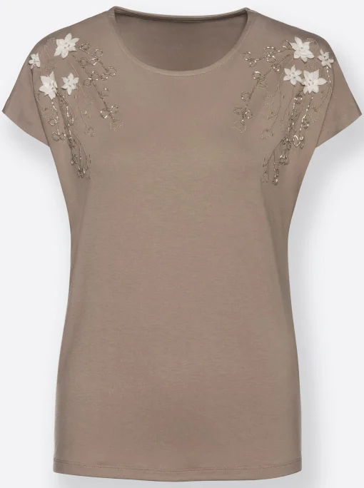 Rundhalsshirt mit Blüten-Applikation und Stickerei
