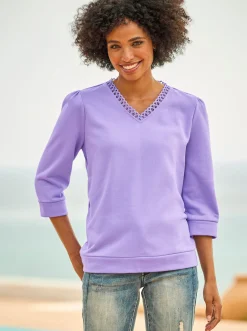 Sweatshirt mit Spitze am V-Ausschnitt
