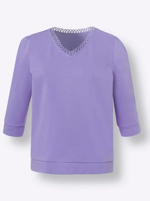 Sweatshirt mit Spitze am V-Ausschnitt