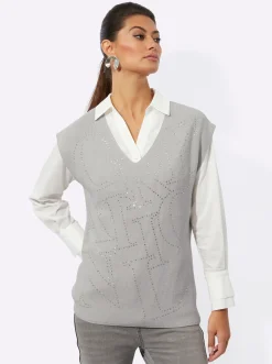 V-Ausschnitt-Pullover mit Glitzersteinchen-Schriftzug
