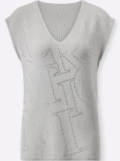 V-Ausschnitt-Pullover mit Glitzersteinchen-Schriftzug