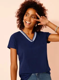 V-Shirt mit gerippten Ringel-Akzenten