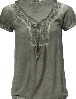 V-Shirt mit gesmoktem Ausschnitt