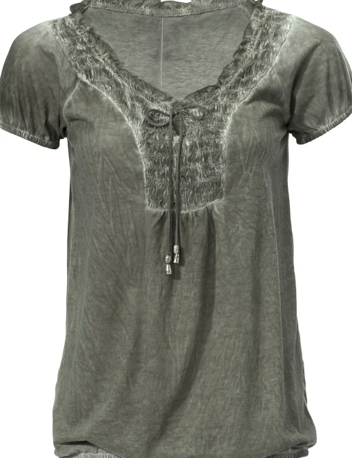 V-Shirt mit gesmoktem Ausschnitt