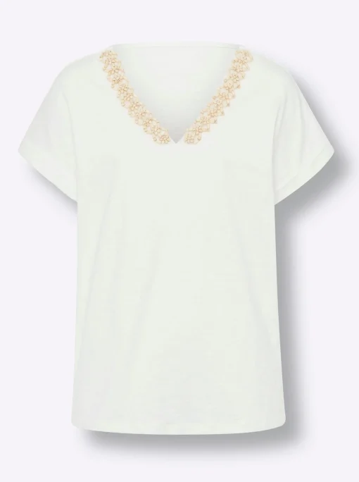 V-Shirt mit Holzperlen-Besatz