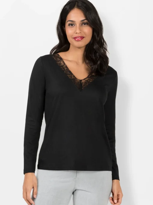 V-Shirt mit Spitzen-Einsatz