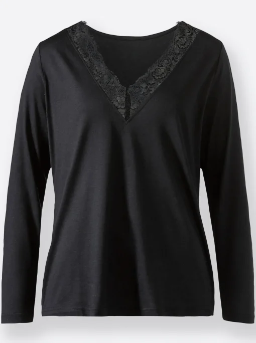 V-Shirt mit Spitzen-Einsatz